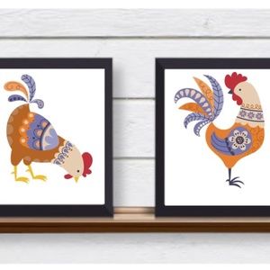 Set of 2 Folk Art Chickens Country Farmhouse Kitchen UNFRAMED Wall Art Prints